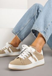 Ciemnobeżowe Płaskie Sneakersy z Paskiem Quinesi. Brązowe obuwie sportowe damskie Renee, z dresówki, bez zapięcia. Za 69.99 zł.