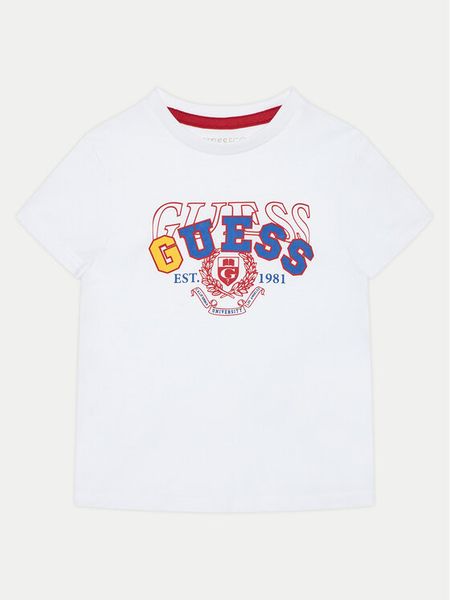 Guess T-Shirt N5RI00 K8HM4 Biały Regular Fit. Białe t-shirty i koszulki chłopięce Guess, z aplikacjami, z bawełny, bez kołnierzyka, bez ramiączek. Za 49.99 zł.