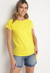 Żółty Bawełniany T-shirt z Wiązaniem Falmio. Żółte t-shirty damskie Born2be, m, bez wzorów, z bawełny, bez kołnierzyka. Za 29.99 zł.