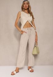 Beżowe Spodnie High Waist ze Sznurkiem Savurelle. Brązowe spodnie materiałowe damskie Renee, z aplikacjami, z jeansu. Za 39.99 zł.