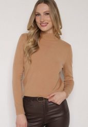 Ciemnobeżowy Gładki Sweter z Półgolfem w Stylu Casual Unallia. Brązowe swetry klasyczne damskie Born2be, l, z jeansu, bez kołnierzyka. Za 59.99 zł.