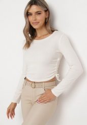 Jasnobeżowa Bluzka ze Sznurkami w Pasie po Bokach Kerenta. Brązowe bluzki damskie Born2be, bez wzorów, eleganckie, bez kołnierzyka, bez ramiączek. Za 59.99 zł.