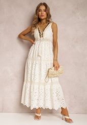 Jasnobeżowa Sukienka Perania. Brązowe sukienki damskie Renee, z aplikacjami, z bawełny, bez ramiączek. Za 229.99 zł.