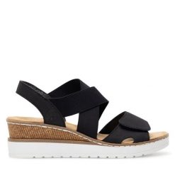 Sandały Rieker. Czarne sandały damskie Rieker, bez wzorów, bez obcasa, na koturnie, bez zapięcia. Za 289.99 zł.