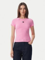 Tommy Jeans T-Shirt Badge DW0DW17881 Różowy jasny Slim Fit. Czerwone t-shirty damskie Tommy Jeans, s, bez wzorów, z bawełny, bez kołnierzyka. Za 169.99 zł.