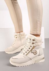 Beżowe Sneakersy na Koturnie z Wysoką Cholewką Aplikacją i Futerkiem Typu Baranek Sinirithe. Brązowe obuwie sportowe damskie Born2be, z jeansu, przed kolano, bez zapięcia. Za 119.99 zł.