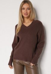 Brązowy Sweter z Domieszką Kaszmiru z Dekoltem w Serek Feralaine. Brązowe swetry klasyczne damskie Born2be, z jeansu, bez kołnierzyka. Za 109.99 zł.