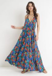 Niebieska Rozkloszowana Sukienka Maxi Wiązana na Szyi z Wiskozy w Kwiaty Enisa. Niebieskie sukienki damskie Born2be, bez wzorów, z tkaniny, bez ramiączek. Za 139.99 zł.