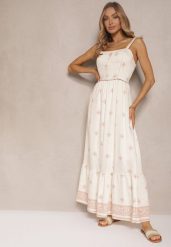 Beżowa Sukienka z Wiskozą o Rozkloszowanym Kroju na Ramiączkach w Boho Print Leaella. Brązowe sukienki damskie Renee, bez wzorów, z wiskozy, boho, bez ramiączek. W wyprzedaży za 68.99 zł.