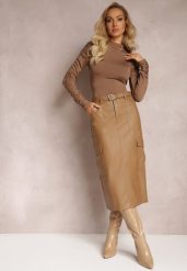 Beżowa Spódnica Midi z Imitacji Skóry Paskiem i Kieszeniami Cargo Edvardisa. Brązowe spódnice damskie Renee, m, bez wzorów, ze skóry, midi. Za 149.99 zł.