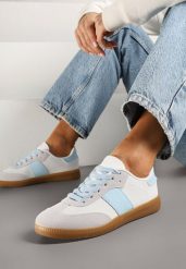 Biało-Niebieskie Sneakersy Retro w Stylu Klasycznych Tenisówek Tanonea. Białe obuwie sportowe damskie Born2be, z jeansu, bez zapięcia, tenisowe. Za 84.99 zł.