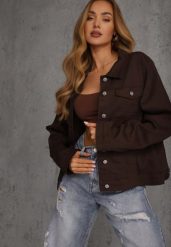 Ciemnobrązowa Jeansowa Kurtka z Bawełny Perilopei. Brązowe kurtki damskie Renee, l, bez wzorów, z bawełny, bez kaptura. Za 149.99 zł.