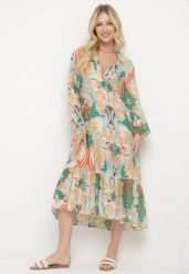 Beżowo-Zielona Rozkloszowana Sukienka z Długim Rękawem i Falbankami Amollas. Brązowe sukienki damskie Born2be, z aplikacjami, klasyczne, bez ramiączek. Za 64.99 zł.