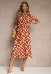 Pomarańczowa Koszulowa Sukienka z Wiskozy Ozdobiona Geometrycznym Motywem Ralomia. Brązowe sukienki damskie Renee, bez wzorów, z wiskozy, eleganckie, bez ramiączek. W wyprzedaży za 63.99 zł.