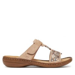 Klapki Rieker. Brązowe klapki damskie Rieker, bez wzorów, bez obcasa, bez zapięcia. Za 299.99 zł.