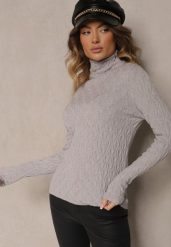Szary Golf z Wiskozą w Tłoczony Wzór Przeszyty Metaliczną Nitką Neldora. Szare golfy damskie Renee, bez wzorów, z jeansu, bez ramiączek. Za 79.99 zł.