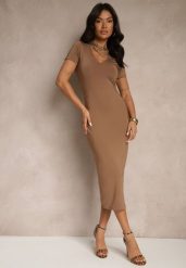 Brązowa Sukienka Bodycon o Dopasowanym Kroju z Dekoltem w V Efrerina. Brązowe sukienki damskie Renee, bez wzorów, z jeansu, eleganckie, bez ramiączek. W wyprzedaży za 107.99 zł.