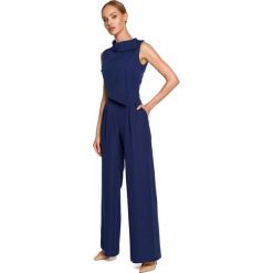 Elegancki Kombinezon z Wywijanym Kołnierzem - Granatowy. Niebieskie kombinezony damskie MOE, l, bez wzorów, z elastanu, eleganckie, bez kołnierzyka, bez ramiączek. Za 298.90 zł.