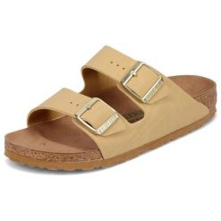 Klapki damskie Birkenstock Arizona BS regular. Brązowe klapki damskie Birkenstock, bez wzorów, z jeansu, bez obcasa, bez zapięcia. Za 287.00 zł.