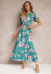 Zielona Rozkloszowana Sukienka Maxi z Gumkami w Talii i Falbankami Tayte. Zielone sukienki damskie Renee, bez wzorów, z tkaniny, bez ramiączek. W wyprzedaży za 63.99 zł.