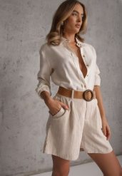 Beżowe Szorty Casual z Wiskozą High Waist Ozdobione Paskiem z Plecionki Kailee. Brązowe szorty damskie Renee, bez wzorów, z materiału, z podwyższonym stanem. Za 99.99 zł.