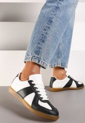 Czarno-Białe Sneakersy przed Kostkę ze Wstawkami na Cholewce Uzila. Czarne obuwie sportowe damskie Born2be, z materiału, przed kostkę, bez zapięcia. Za 84.99 zł.