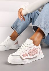 Biało-Różowe Sneakersy na Niskiej Platformie z Ozdobnymi Kwiatkami na Boku Benavilla. Białe obuwie sportowe damskie Renee, z materiału, bez zapięcia. Za 79.99 zł.