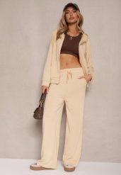 Beżowy Luźny Komplet Dresowy Szerokie Spodnie i Bluza z Kapturem Gossame. Brązowe bluzy damskie Renee, m, bez wzorów, z dresówki, z kapturem. Za 74.99 zł.
