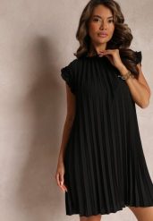 Czarna Plisowana Sukienka Mini z Falbankami Trinida. Czarne sukienki damskie Renee, bez wzorów, z bawełny, bez ramiączek. W wyprzedaży za 55.99 zł.