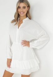 Biała Sukienka Nietoperz z Gumką w Pasie Amberly. Białe sukienki damskie Born2be, bez wzorów, z jeansu, eleganckie, bez ramiączek. Za 199.99 zł.