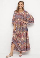 Beżowo-Bordowa Długa Sukienka Rozkloszowana z Rękawami 3/4 we Wzór Paisley Amarethia. Brązowe sukienki damskie Born2be, bez wzorów, boho, bez ramiączek. Za 119.99 zł.