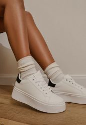 Biało-Czarne Casualowe Sneakersy na Grubej Podeszwie Tiadonia. Białe obuwie sportowe damskie Born2be, z jeansu, bez zapięcia. Za 69.99 zł.