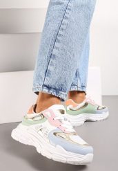 Biało-Niebieskie Sneakersy na Tłoczonej Podeszwie z Ozdobnymi Wstawkami Lanevi. Białe obuwie sportowe damskie Renee, bez zapięcia. Za 99.99 zł.