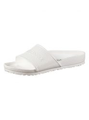 Birkenstock Klapki w kolorze białym rozmiar: 35. Białe klapki damskie Birkenstock, bez wzorów, z otwartym noskiem, bez obcasa, bez zapięcia. Za 166.88 zł.