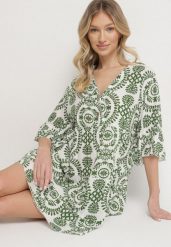 Zielona Bawełniana Sukienka Rozkloszowana z Guzikami Janisse. Zielone sukienki damskie Born2be, bez wzorów, z bawełny, eleganckie, bez ramiączek. Za 69.99 zł.