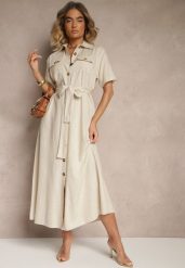 Beżowa Sukienka z Lnu i Wiskozy o Koszulowym Fasonie Weolara. Brązowe sukienki damskie Renee, bez wzorów, z materiału, eleganckie, bez ramiączek. W wyprzedaży za 119.99 zł.