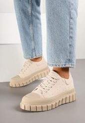 Beżowe Sneakersy Vices na Grubej Tłoczonej Podeszwie z Perforacją Lealita. Brązowe obuwie sportowe damskie Born2be, z jeansu, bez zapięcia. Za 79.99 zł.