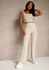 Beżowe Legginsy High Waist z Szeroką Gumką w Pasie Idalania. Brązowe legginsy damskie Renee, m, bez wzorów, z jeansu. Za 49.99 zł.