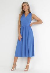 Niebieska Sukienka Midi Bez Rękawów z Plisowanym Dołem Dreana. Niebieskie sukienki damskie Born2be, bez wzorów, eleganckie, bez ramiączek. Za 259.99 zł.