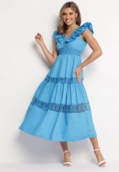 Niebieska Rozkloszowana Sukienka Maxi z Falbanką i Koronką Gavria. Niebieskie sukienki damskie Born2be, w ażurowe wzory, z koronki, bez ramiączek. Za 269.99 zł.