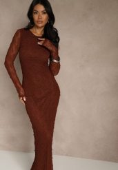 Brązowa Koronkowa Sukienka Typu Longsleeve o Dopasowanym Kroju Zenoresa. Brązowe sukienki damskie Renee, bez wzorów, z koronki, eleganckie, bez ramiączek. Za 139.99 zł.