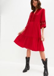 Sukienka tunikowa z koronką. Czerwone sukienki damskie bonprix, bez wzorów, z koronki, bez ramiączek. Za 134.99 zł.