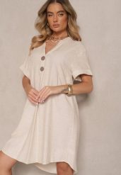 Jasnobeżowa Sukienka z Bawełny o Pudełkowym Kroju z Dużymi Guzikami Elanorella. Brązowe sukienki damskie Renee, bez wzorów, z bawełny, eleganckie, bez ramiączek. W wyprzedaży za 75.99 zł.