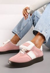 Różowe Sneakersy na Platformie z Kontrastującymi Detalami i Wywiniętym Językiem Amirila. Czerwone obuwie sportowe damskie Renee, z materiału, bez zapięcia. Za 69.99 zł.