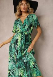 Czarno-Zielona Wiskozowa Sukienka Kopertowa z Gumką i Paskiem w Talii Kiremia. Czarne sukienki damskie Renee, bez wzorów, z wiskozy, eleganckie, bez ramiączek. W wyprzedaży za 41.99 zł.