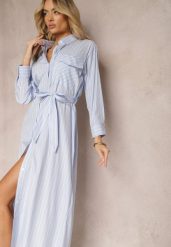 Niebieska Sukienka w Paski w Koszulowym Stylu z Paskiem i Długim Rękawem Desperse. Niebieskie sukienki damskie Renee, bez wzorów, eleganckie, bez ramiączek. W wyprzedaży za 111.99 zł.