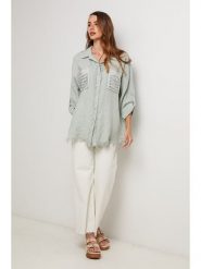 Lin Passion Lniana koszula w kolorze turkusowym rozmiar: 34/36. Niebieskie koszule damskie Lin Passion, bez wzorów, ze lnu, klasyczne, bez kołnierzyka, bez ramiączek. Za 173.99 zł.