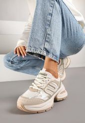 Beżowe Sneakersy na Platformie z Tłoczeniem z Geometrycznym Motywem Delothiel. Brązowe obuwie sportowe damskie Renee, z jeansu, bez zapięcia. Za 99.99 zł.