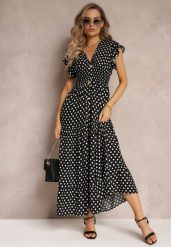 Czarna Rozkloszowana Sukienka Maxi w Kropki z Gumką w Talii Janey. Czarne sukienki damskie Renee, bez wzorów, bez ramiączek. W wyprzedaży za 63.99 zł.