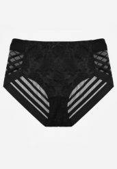 Czarne Majtki Figi z Wysokim Stanem Zdobione Koronką i Siateczką Helieth. Czarne figi Born2be, z aplikacjami, z jeansu. Za 19.99 zł.